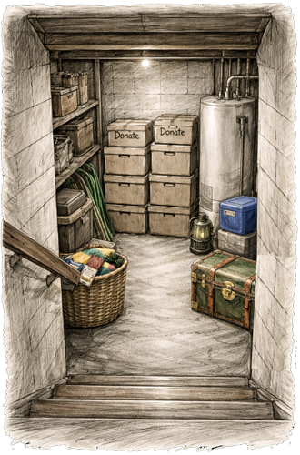 Basement viewed from the stairs with neatly stacked boxes and a new water heater