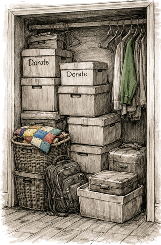 Garage with boxes on a workbench and limited walking space