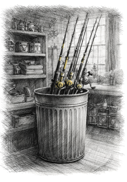 Charcoal sketch of a corrugated metal trash can holding fishing poles inside the shop