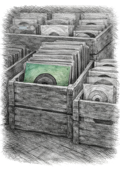 Charcoal sketch of wooden crates filled with vinyl records and 45s