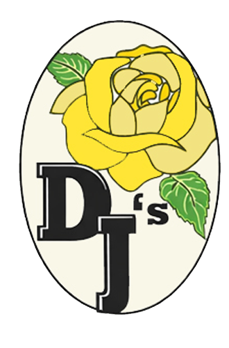 DJ's Discount Delights logo with a large yellow rose and bold DJ's lettering